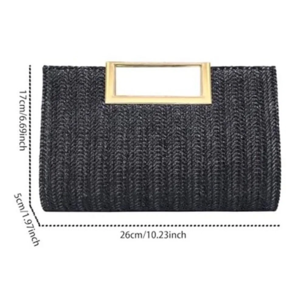 Straw Raffia Woven Clutch Handbag Black Crossbody Purse with Gold Chain